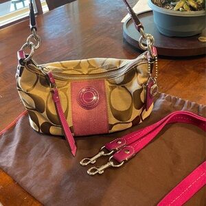 Coach Pink and Brown Shoulder Bag with Gold Hardware